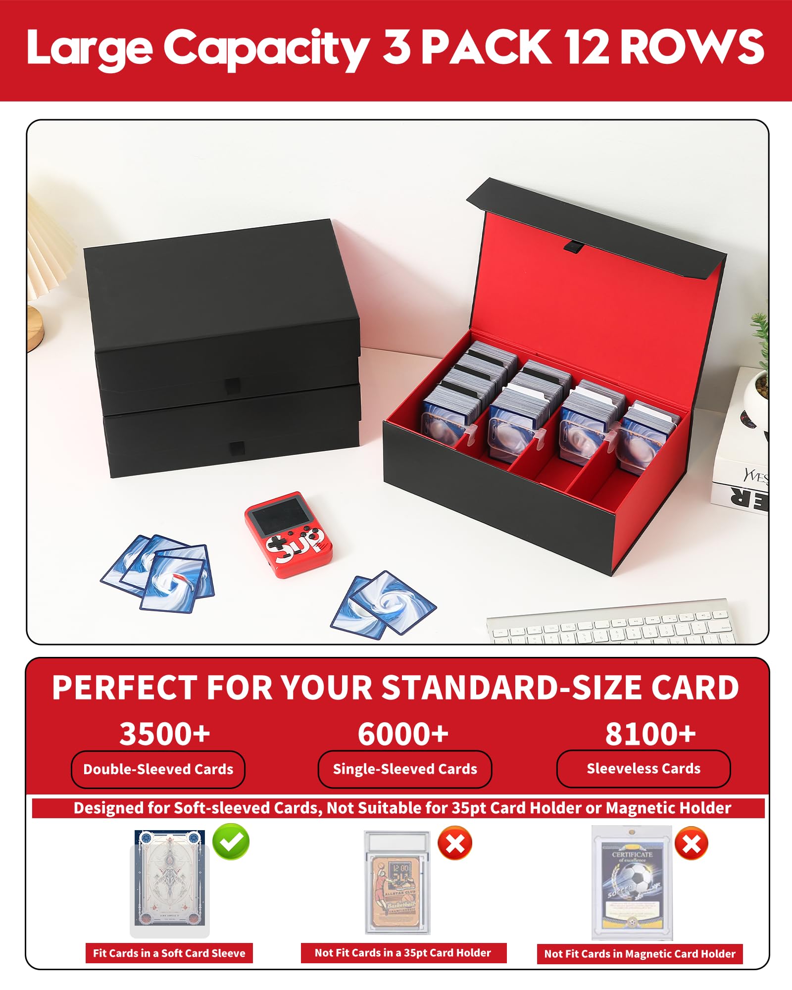 Garlloupath 3PCS Trading Card Storage Box Holds 6000+ Cards, Magnetic Closure Deck Box MTG, Graded Card Organizer Compatible With Yugioh, Sport Cards, Magic Cards And Commander Cards