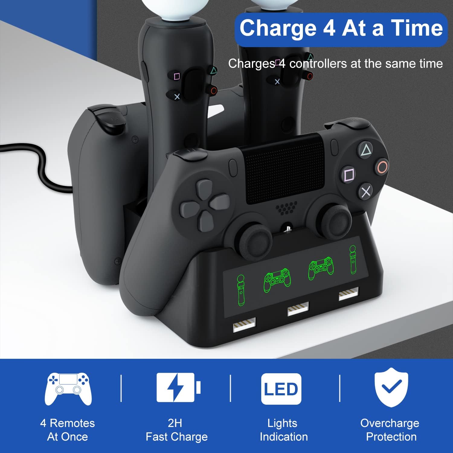 PS4 VR Charging Station, GCSOAR 4 in 1 PS Motion Move Controller Charger Station, Fast Charging Station Dual Charger Dock with LED Indicator Compatible with PS4/Slim/PS4 Pro/PS VR Charger