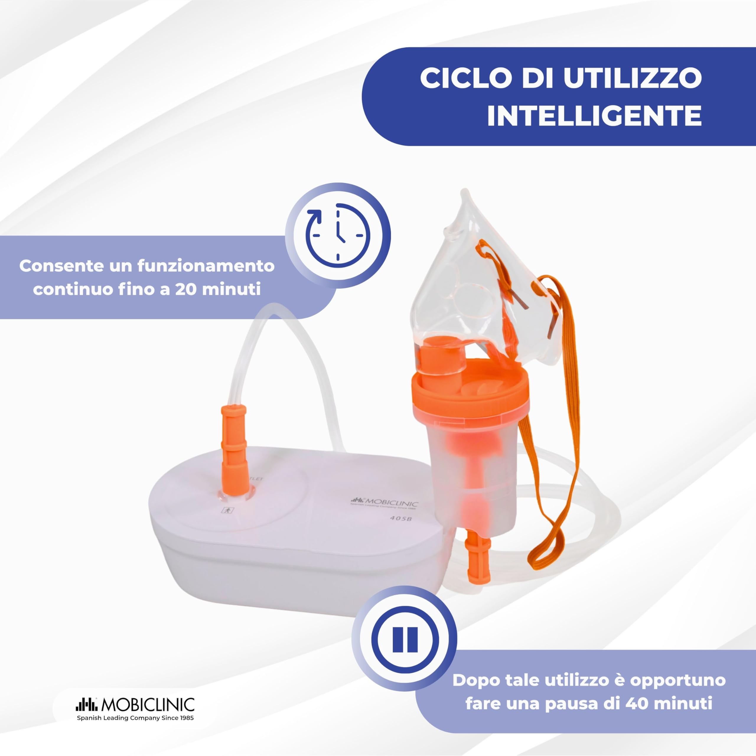 Mobiclinic®, Aerosol Portatile, Adulti e Bambini, Boccaglio e 2 Maschere, Velocità Massima 0,2 ml/min, Silenzioso, Volume 3,9 ml, Portatile, Asma, Allergie, Nebumobi2