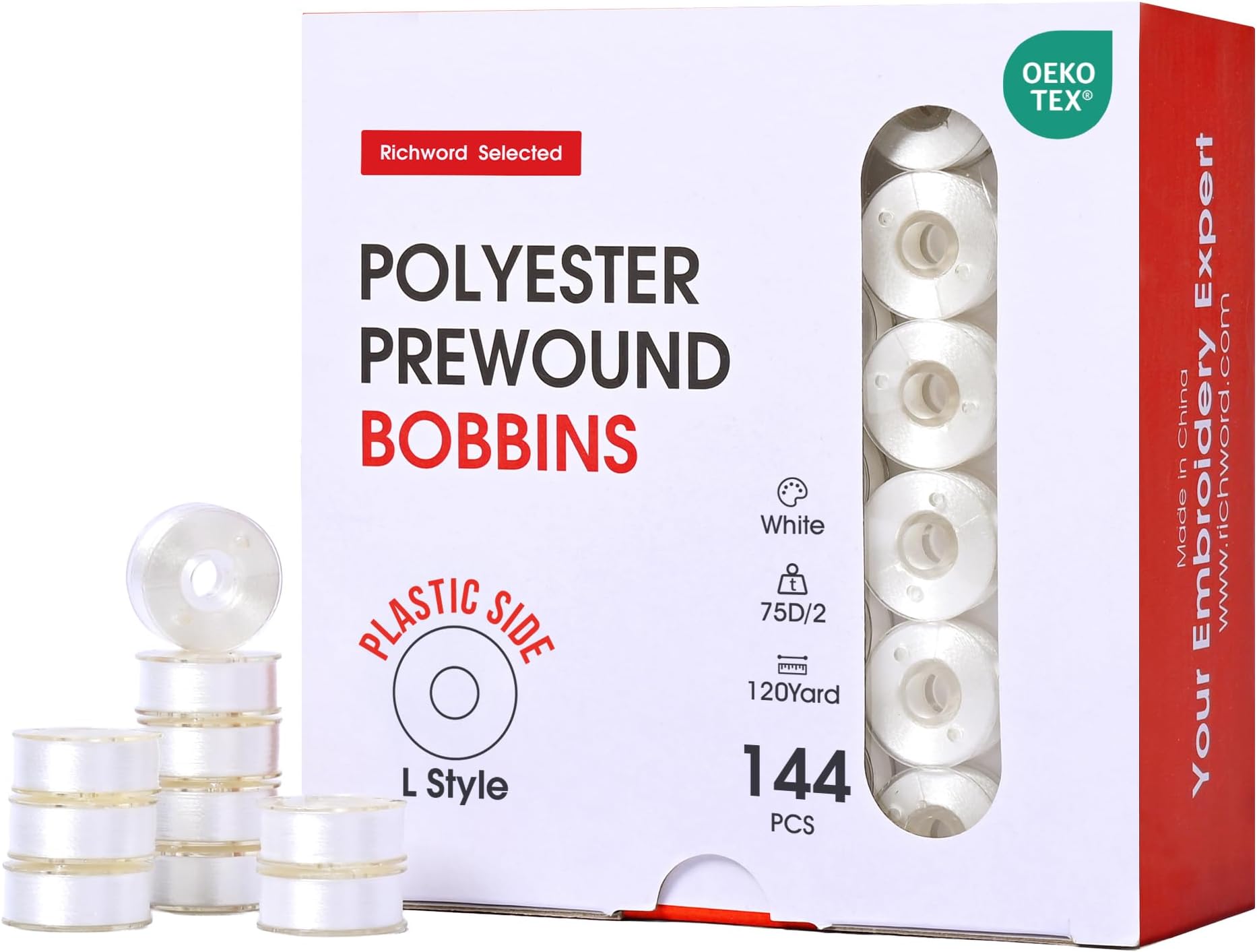 Richword Selected Prewound Bobbins, Plastic Sided, 144pcs Size L(SA155), 75D/2(60WT) Polyester Bobbin Thread for Commercial Multi Needles Embroidery Machine, White 110 Yards