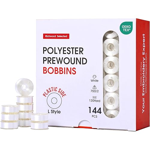 Richword Selected Prewound Bobbins, Plastic Sided, 144pcs Size L(SA155), 75D/2(60WT) Polyester Bobbin Thread for Commercial Multi Needles Embroidery Machine, White 110 Yards