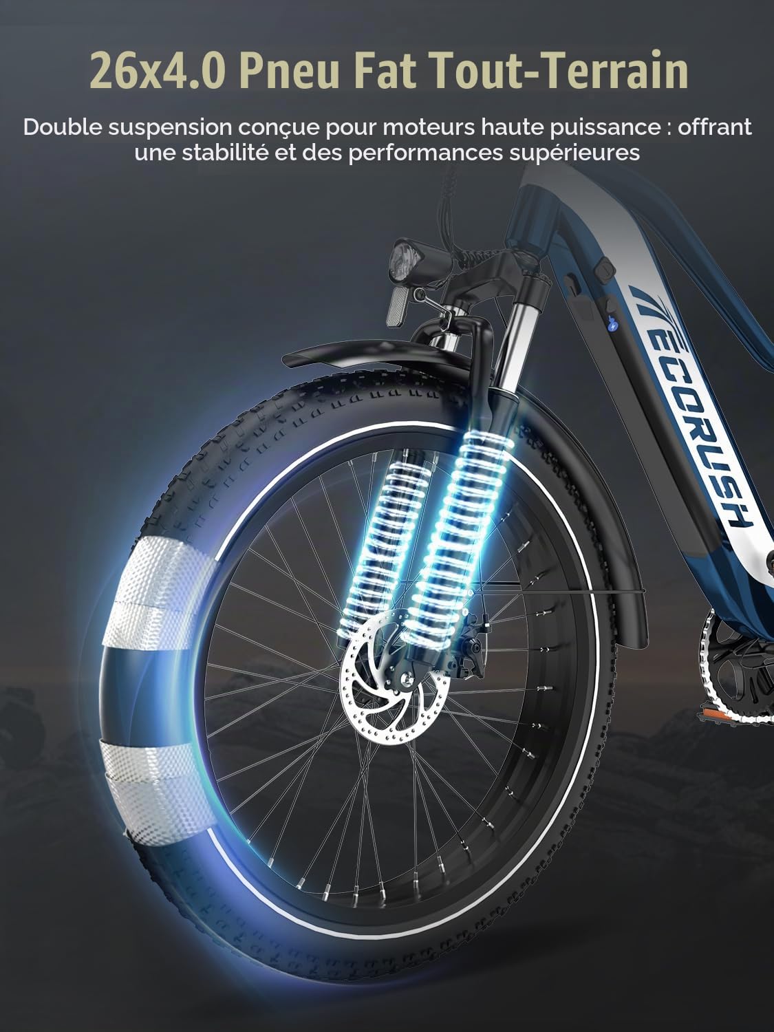 Vélo Électrique, Velo Electrique Homme Équipé d'une Batterie 48V 13AH/20AH, Pneus Fat De 26 * 4.0 Pouces, Moteur De 250W & 25KM/H, avec Un Dérailleur À 7 Vitesses, Portée maximale 100 KM/150KM