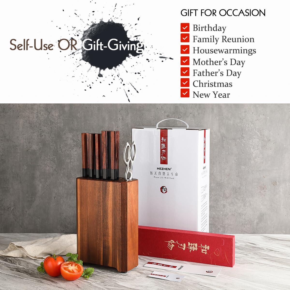 HEZHEN Set di Coltelli da Cucina Ceppi Portacoltelli, Coltello Santoku Stile Giapponese Coltelli da Chef, Forbici da Cucina Blocco Coltelli in Legno di Acacia
