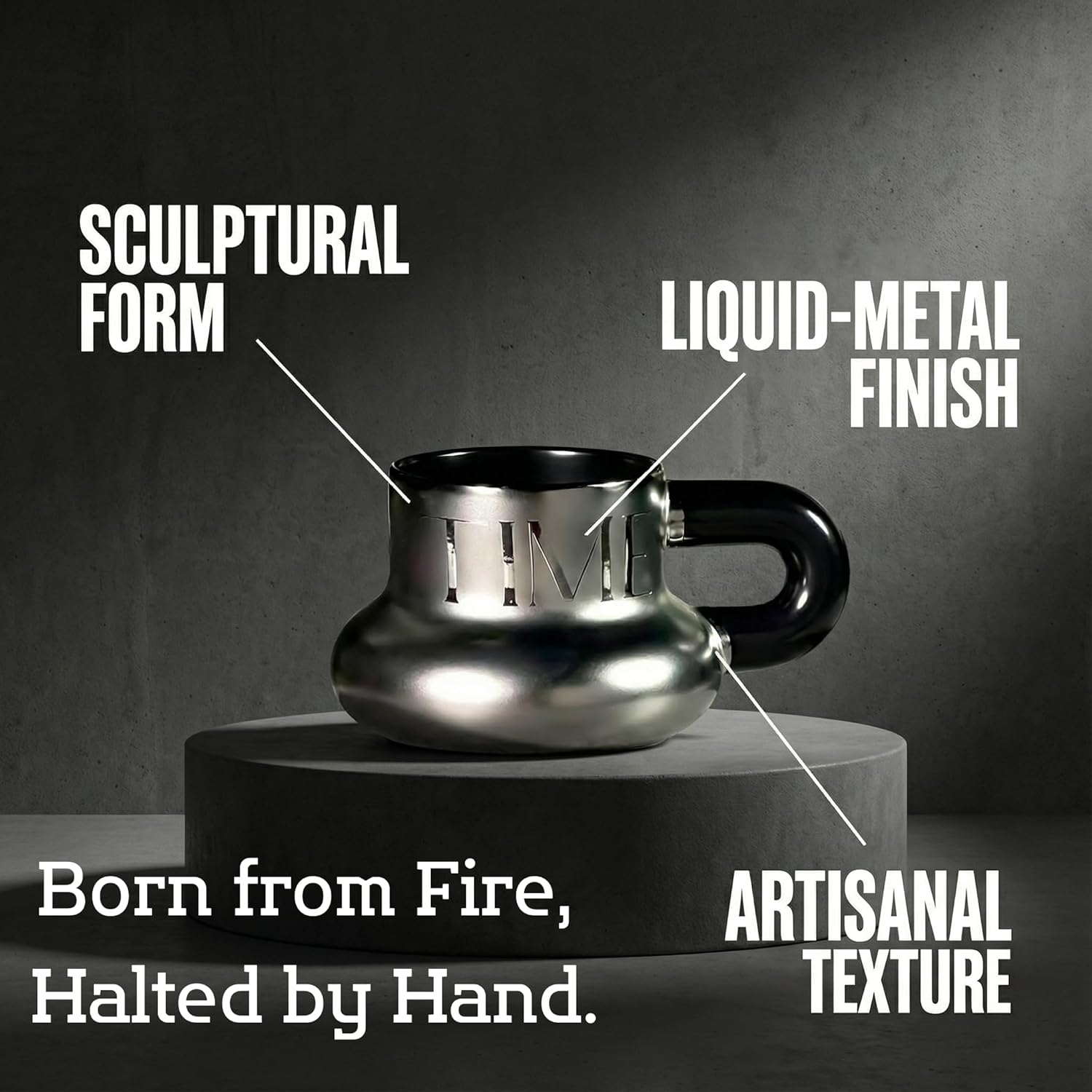 Volcanic Ash Titanium Finish Coffee Mug and Saucer Set (8 oz) | Modern Sculptural Ceramic Cup for Espresso & Latte | Unique Artisanal Home Decor & Desk Art