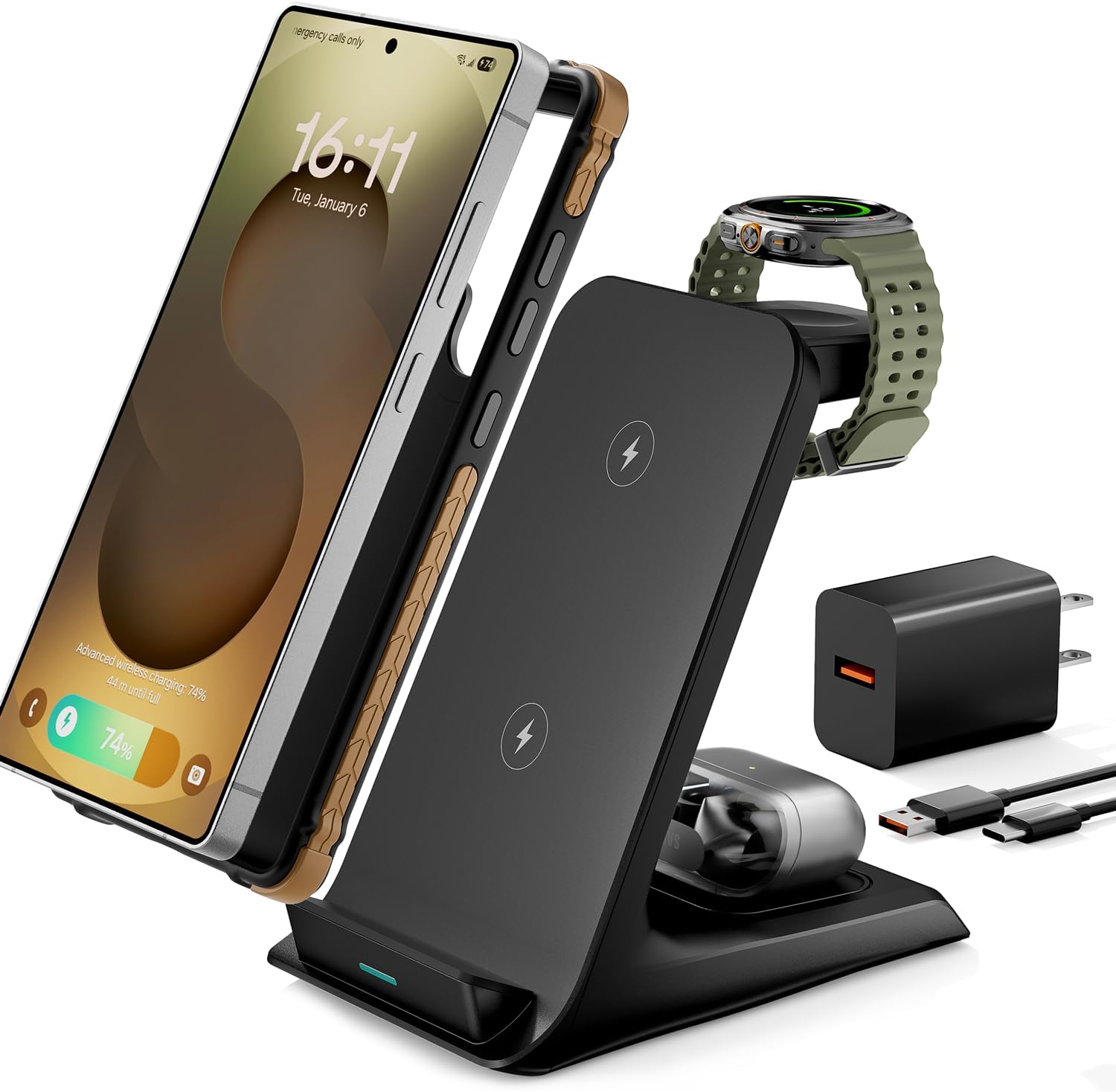 3 in 1 Charging Station for Samsung for Thick Cases of 10MM/Otterbox/Heavy Duty, Wireless Charger for Samsung Galaxy S25 Ultra/S24/Z Fold, Phone Charger Stand for Galaxy Watch and Buds(Black)