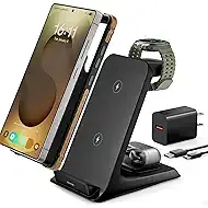 3 in 1 Charging Station for Samsung for Thick Cases of 10MM/Otterbox/Heavy Duty, Wireless Charger for Samsung Galaxy S25 Ultra/S24/Z Fold, Phone Charger Stand for Galaxy Watch and Buds(Black)