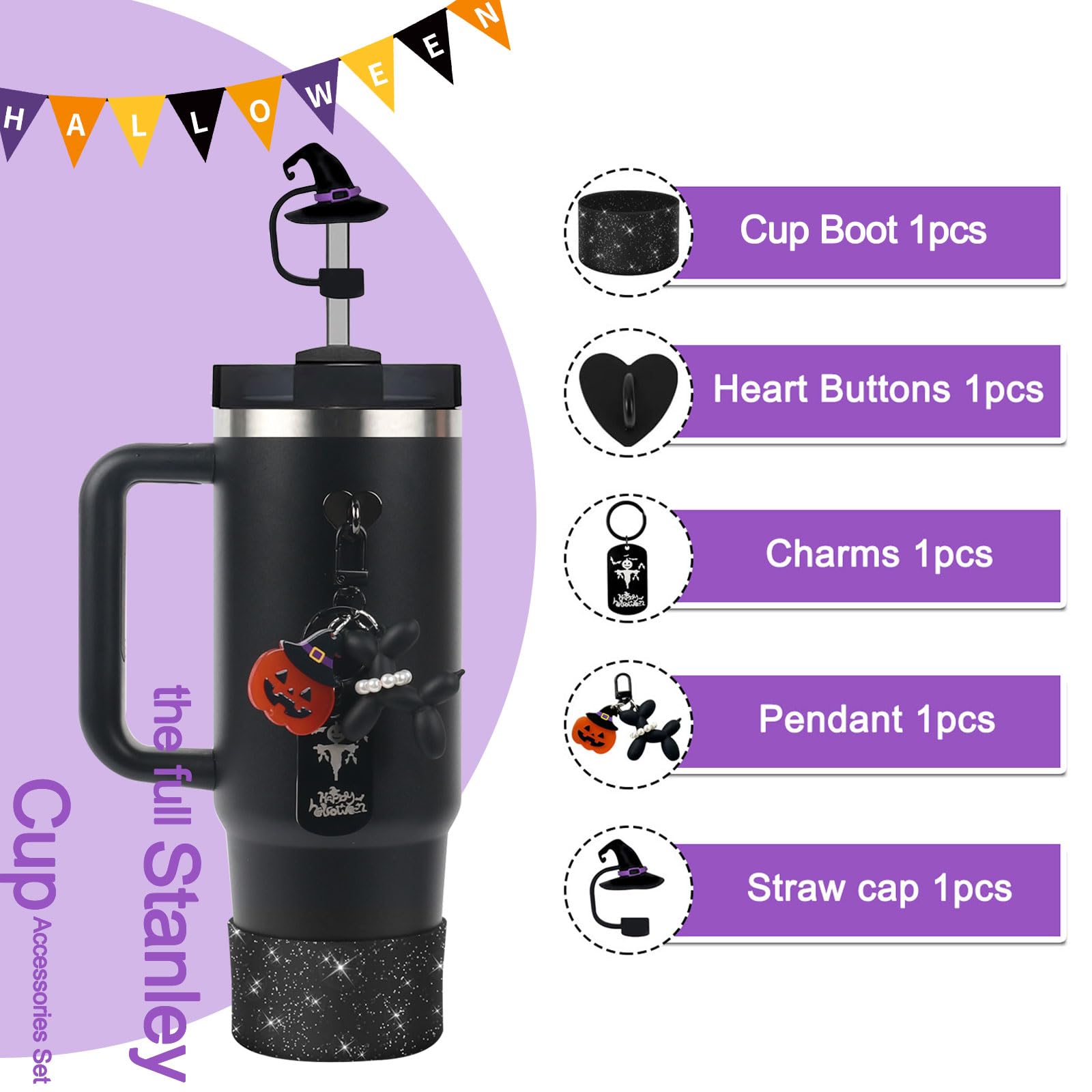 7-Piece Halloween Accessories Kit For Stanley Cup - Straw Covers, Name Plates & Stickers, Ghost Pumpkin Design - View #9