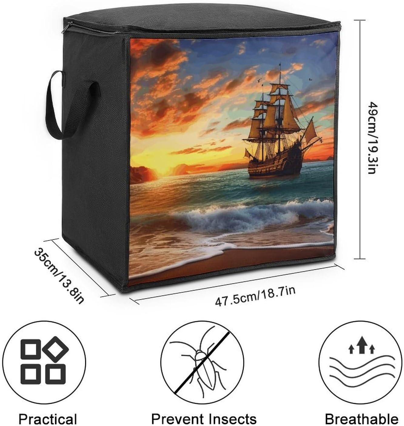Pirate Ship in The Sunset Storage Bag with Zippers And Handle Extra Large Bedding Comforter Storage Bag Foldable Blanket Storage Bags Fabric Moving Bags for Closet Organizer (70L)