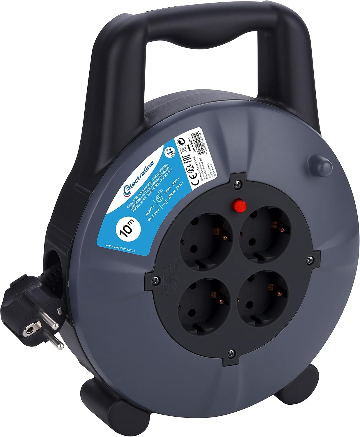 Electraline 49079 Cable Reel H05VV-F 3G1.5, 10 m Cable, IP20, Indoor, with 4 Schuko sockets, Cable Box with Extension, 10 m