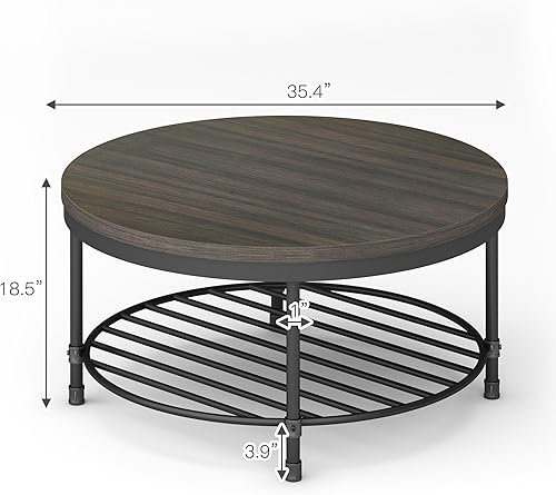 Miniatura 44 de Mesa de centro redonda de 36 pulgadas, superficie superior de madera rústica y patas de metal resistentes, mesa industrial para sala de estar, Nogal