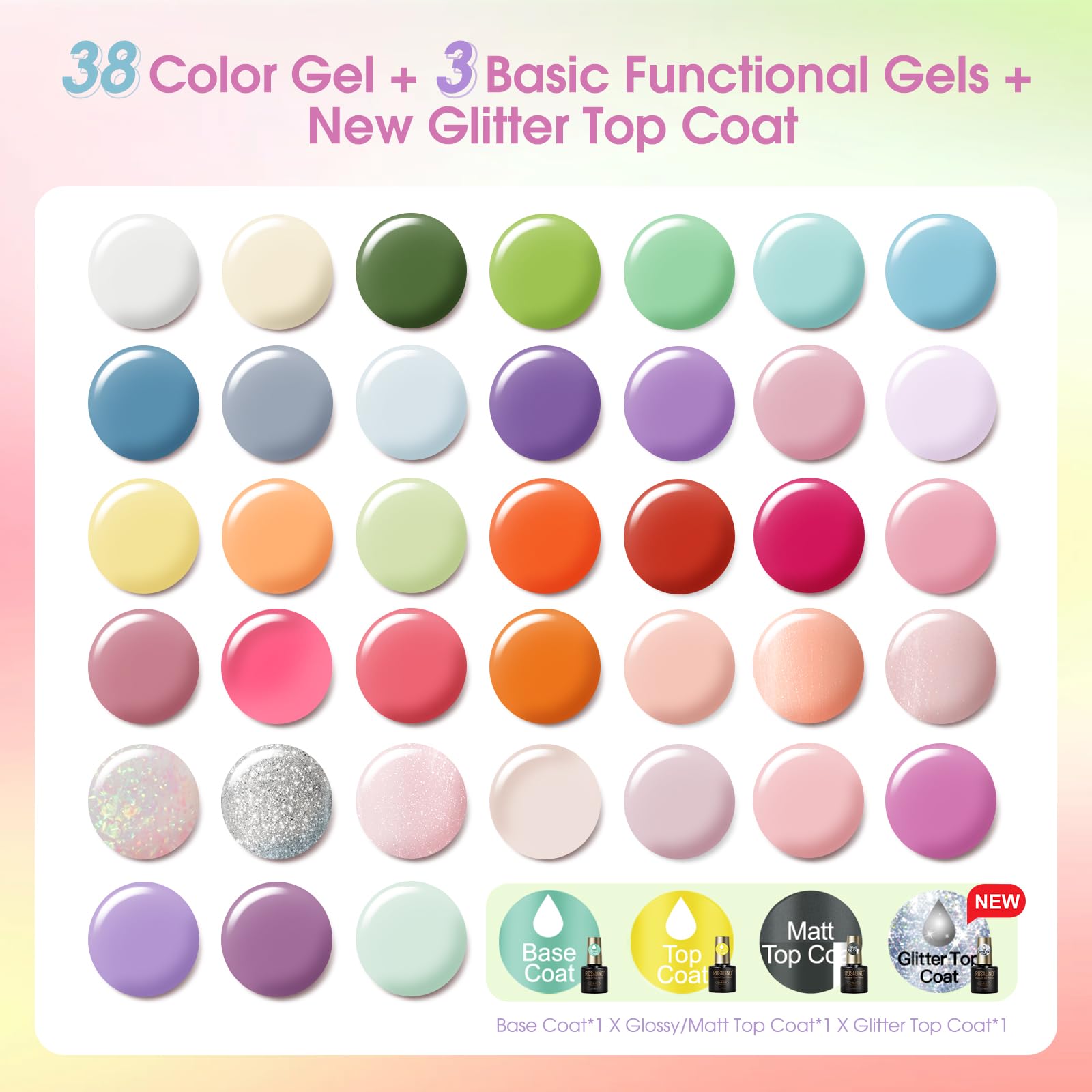 ROSALIND Vernis Semi Permanent 42PCS Pastel Blanc Jaune Vert Bleu Violet | Orange Nude Couleurs Vernis Gel Semi Permanent Pastel, Mini UV/LED Printemps D'été Vernis Semi-permanent Cadeau