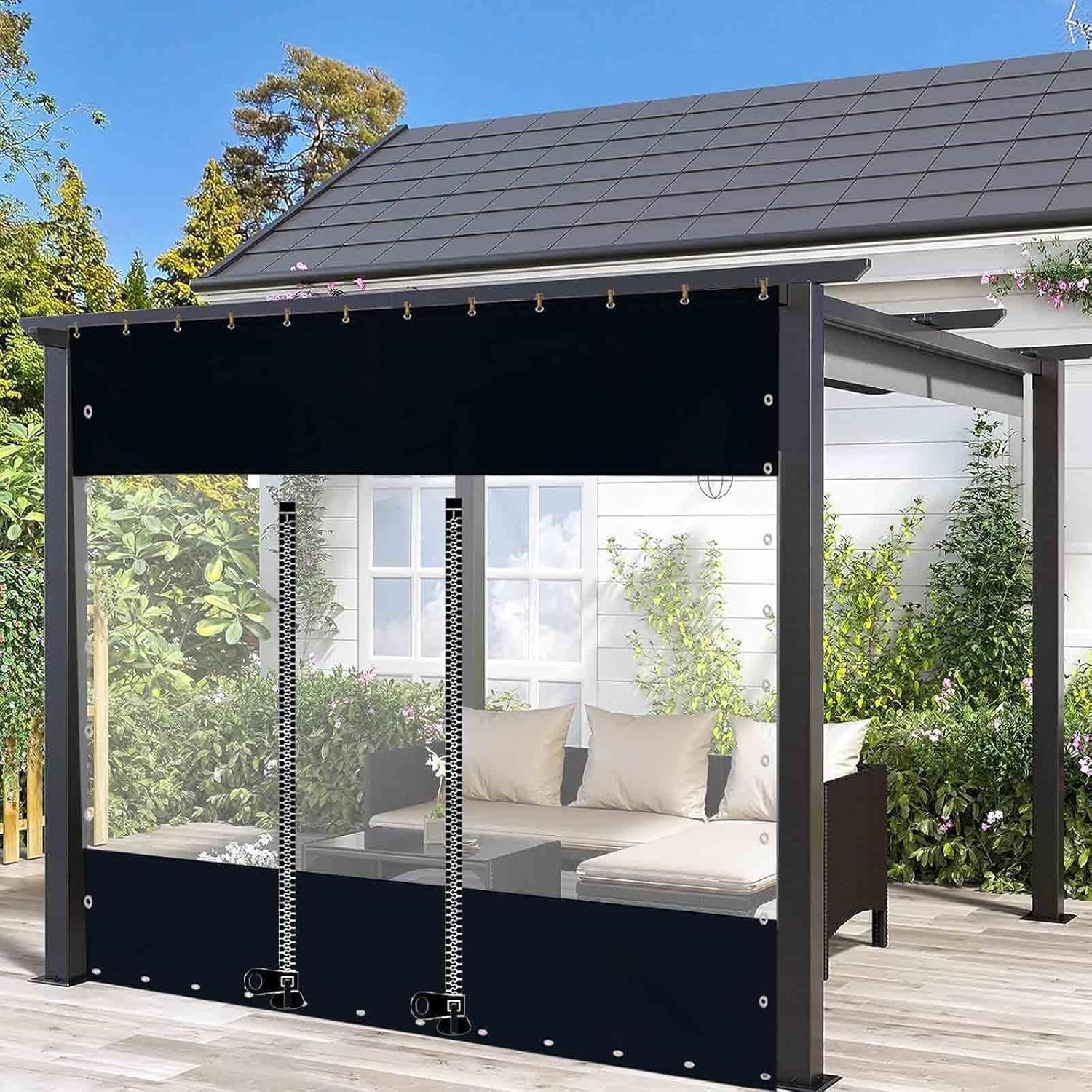Waterproof Outdoor Curtains with Clear Vinyl Panels,PVC Tarpaulin with Zipper,Patio Outdoor Vinyl Curtains,0.3mm Thick,Customizable Clear Tarp Curtain,L×H-1.8×2m(71 * 79in)