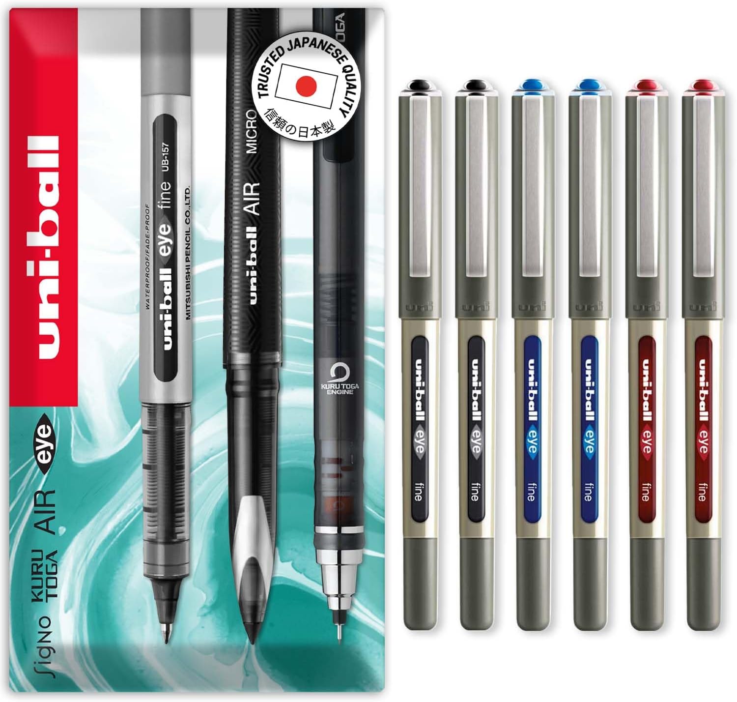 EYE - UB-157 Rollerball Pens - 0.7mm Nib - Black, Blue, Red - Pack of 6