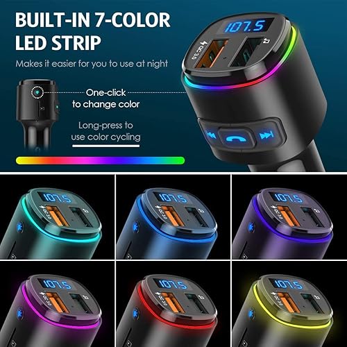 Miniatura 4 de Criacr Transmisor FM Bluetooth actualizado para automóvil, carga PD de 20 W y 7 RGB de color LED retroiluminado inalámbrico adaptador de radio FM
