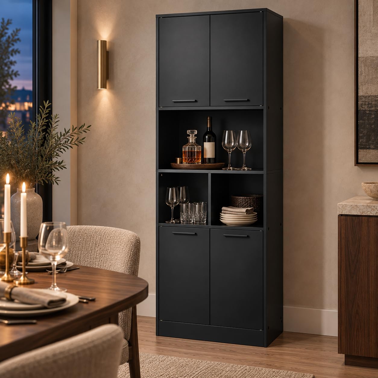 Meuble de Cuisine Colonne 180,5x60x40 cm, Armoire de Rangement Moderne avec Tablettes Ajustables, Meuble Multiuso 4 Portes pour Cuisine et Bureau (Noir)