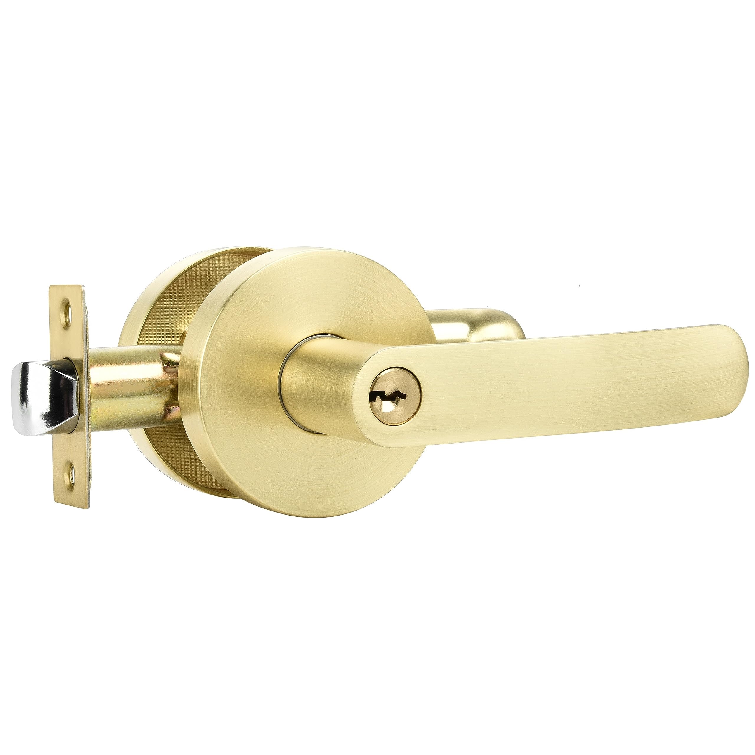 Karlstone 1 Pack Brushed Gold Door Handles,Keyed Alike Heavy Duty Modern Interior/Exterior Door Knobs with Lock and Key for Bedroom Bathroom or Front Doors