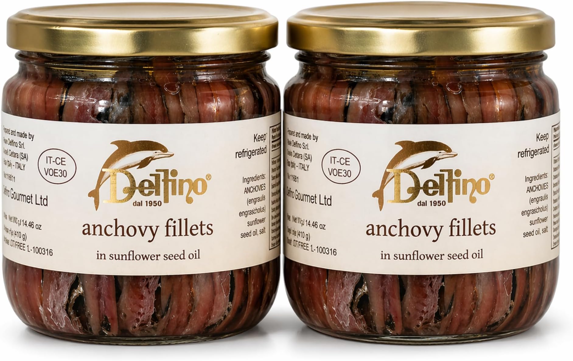 - Delfino Battista Anchovy Fillets in Oil from Cetara Italy, 14.5 Ounce Glass Jar โ Premium Anchovy Fillets, Canned Anchovies, Tinned Anchovies, Gourmet Fish Fillet Quality (Pack of 2)