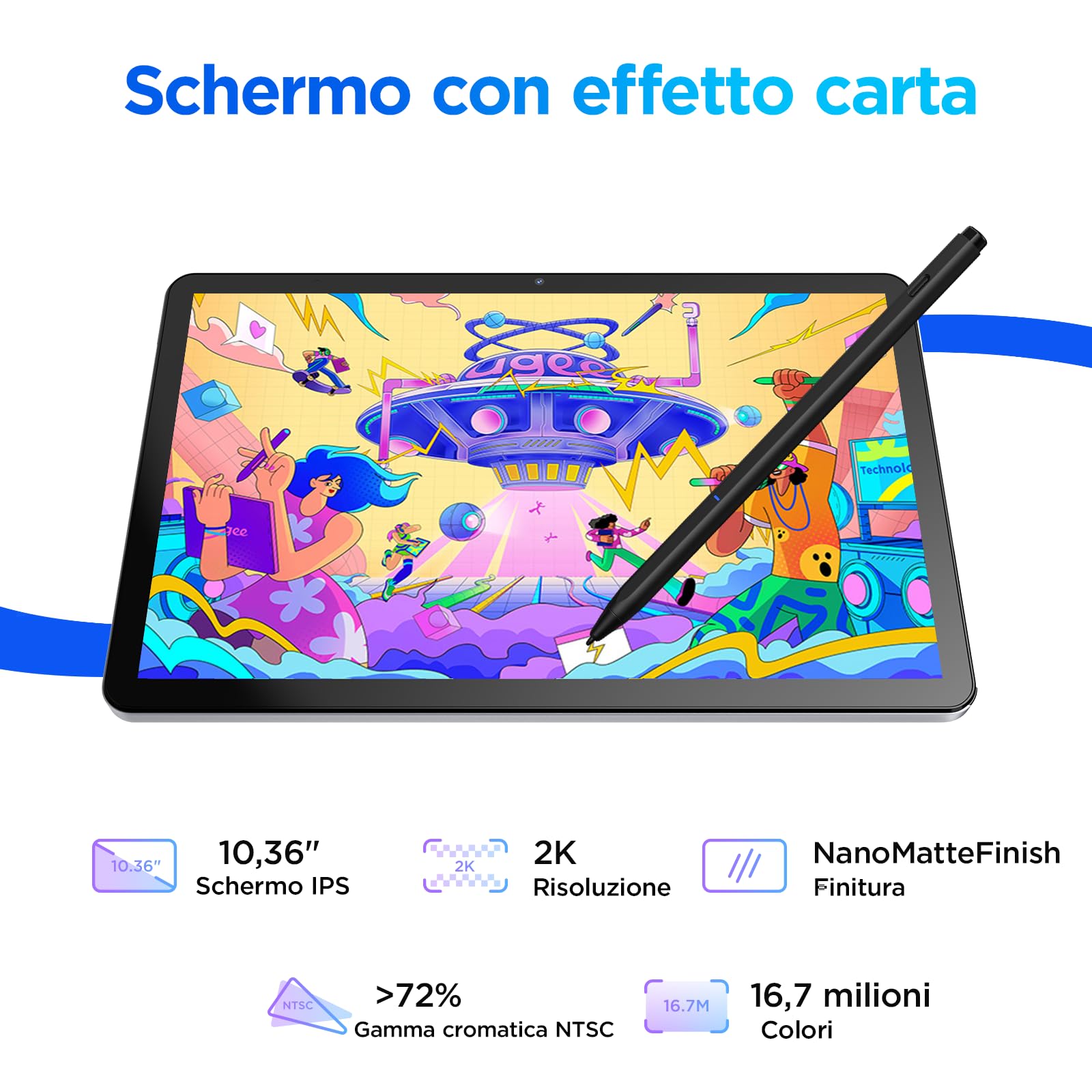 Ugee UT2 Fun Android Tablet Pad Standalone con display 2K da 10,36 pollici e finitura nano-opaca, tablet portatile con U-Pencil, 6GB+128GB, Android 14, 7000mAh, 5MP+8MP, corpo in metallo