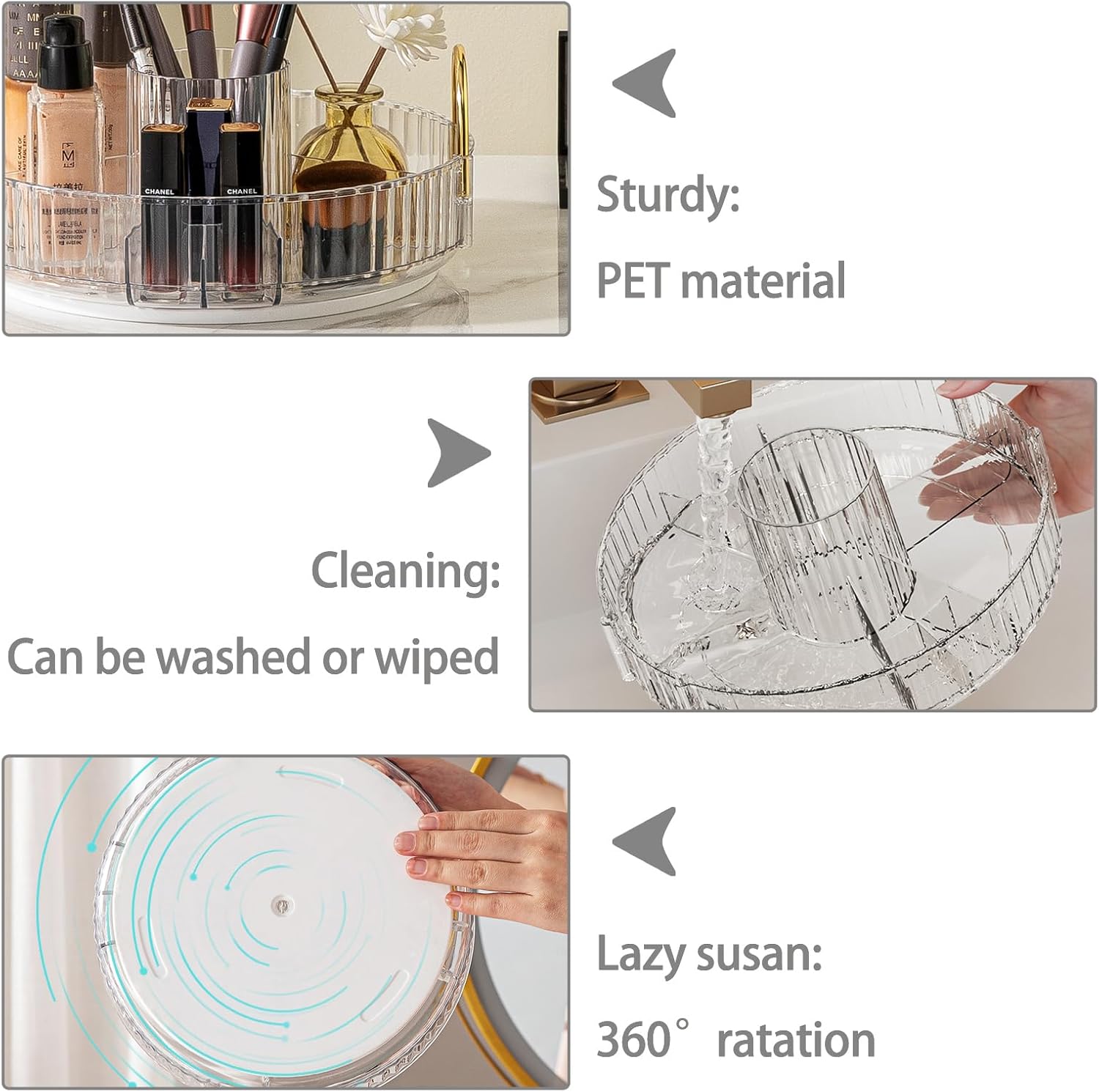 Rotating Makeup Organizer for Vanity, High-Capacity Skincare Clear Make Up Storage Perfume Organizers Cosmetic Dresser Organizer Countertop 360 Spinning (Clear, New-3 Tier)