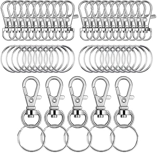 25個セット キーホルダー金具 二重リング キーホルダー 回転フック ワンタッチで取り外し 平キーリング 2連リング付き キーホルダー キーリング DIY用 手芸用品 シルバーカラーの商品画像（Amazon）