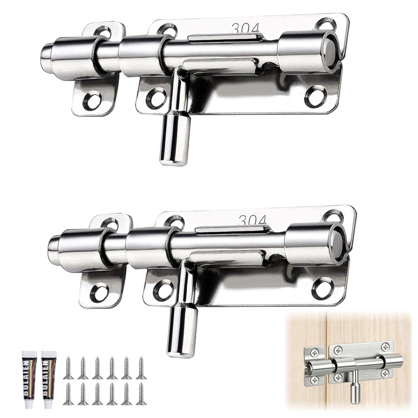 2 Pcs Stainless Steel Slide Gate Bolt Latch, Security Door Lock Bolt with Pre-Fitted Mounting Screws, Fits Indoor Outdoor Front Door, Shed, Garage & Garden Sliding Gate