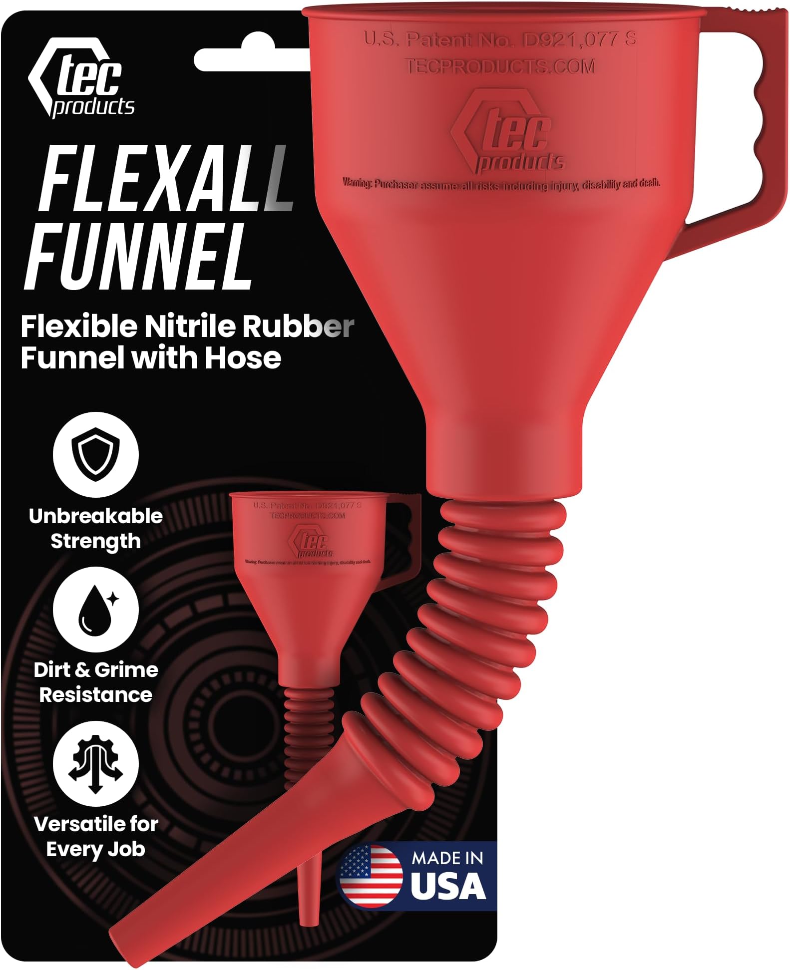 TEC Products FlexAll Funnel - Flexible Rubber Funnel with Handle, Multiple Sizes and Colors, Made in The USA (Large, Red)