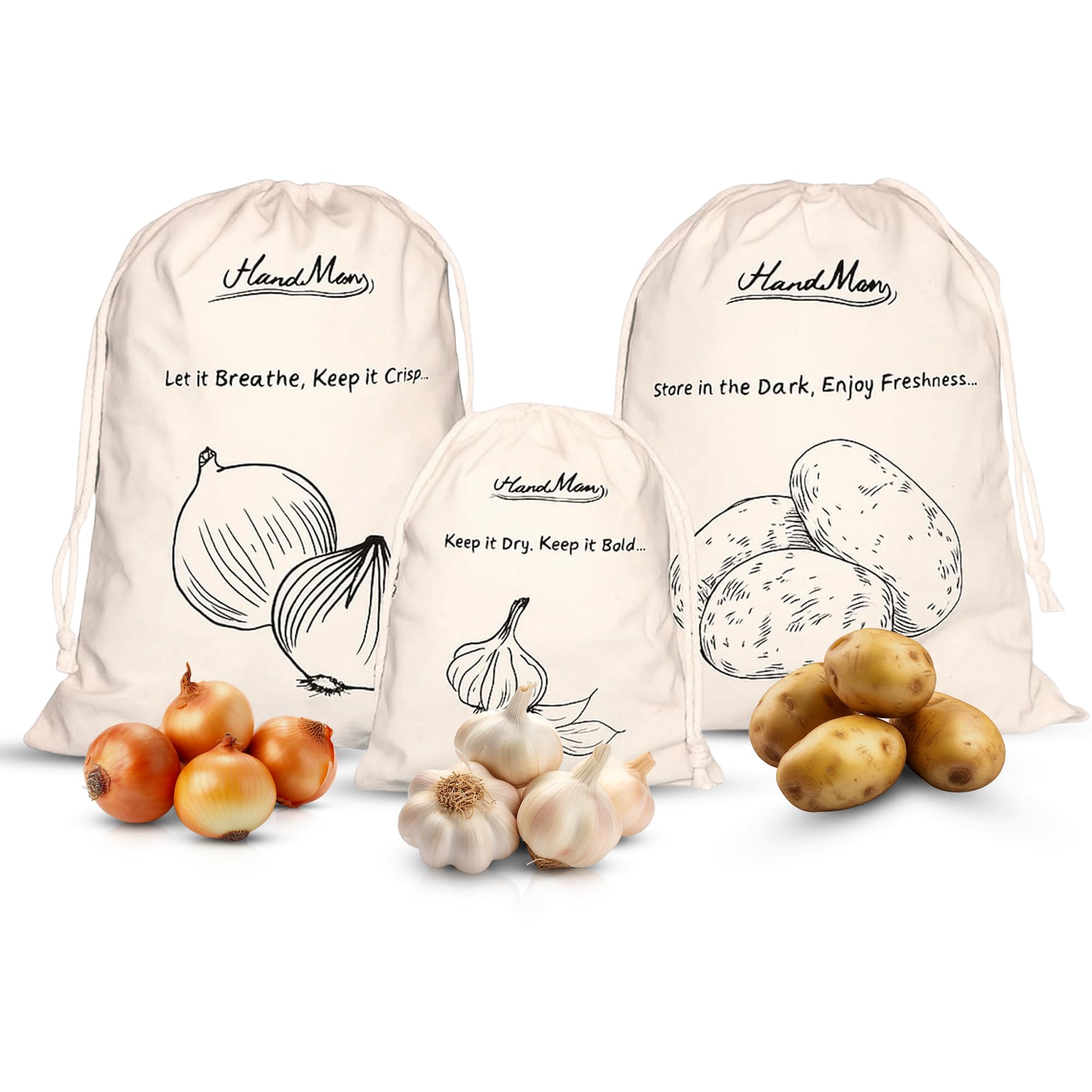 HanaMoon 3-Pack Cotton Storage Bags for Potato, Onion & Garlic – Reusable Drawstring Produce Bags – Breathable, Eco-Friendly, Washable – 2 Large (40×30 cm) + 1 Small (25×20 cm)