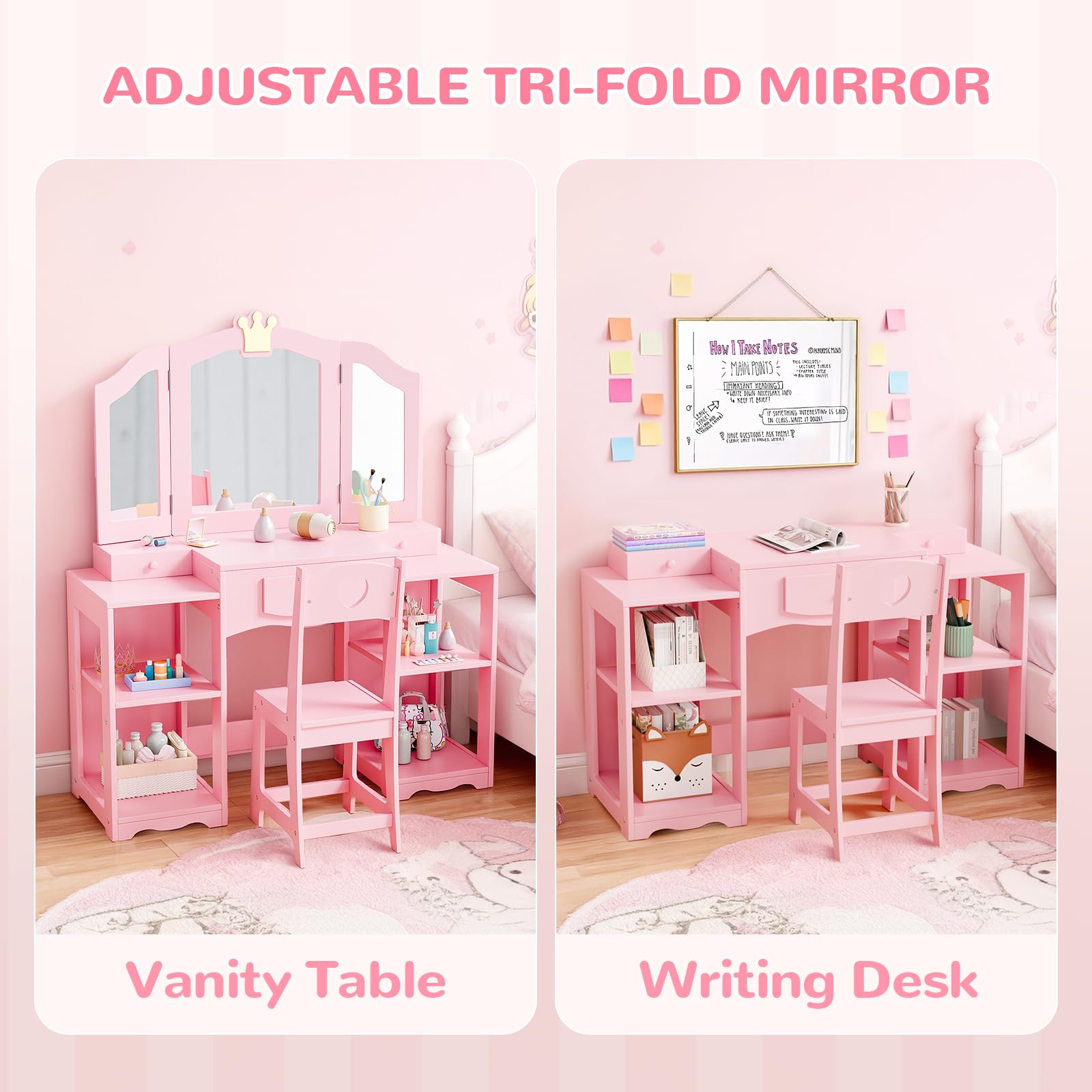 Bonnlo Tocador Infantil con Espejo de Tres Paneles y Taburete, Tocador para Niña con 3 Cajones y 4 Estantes Abiertos, Mesa de Maquillaje Infantil de Madera con Diseño de Coron (Rosa, Grande)