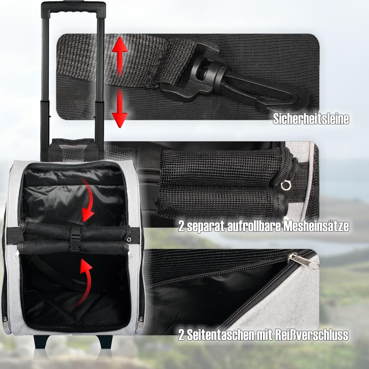 2IN1 Transporttasche mit Rollen bis 15kg Rucksack Trolley Hund Katze Hunderucksack Tasche (Melange-Grau)