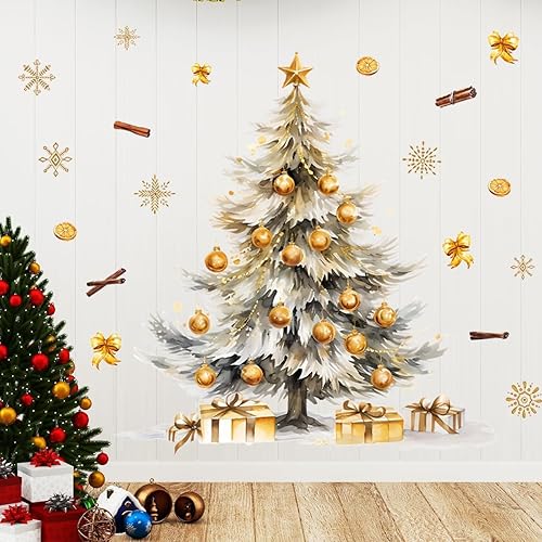 Miniatura 4 de Calcomanías de pared grandes de árbol de Navidad doradas de 71.5 x 62.2 pulgadas, removibles, bricolaje, acuarela, árbol de Navidad, calcomanías de