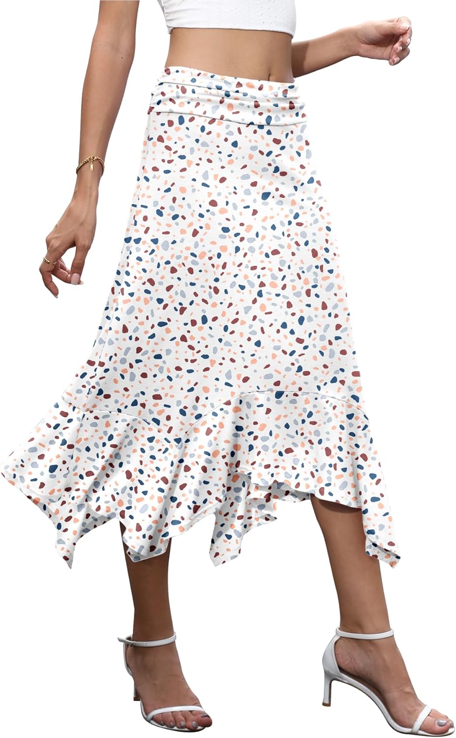 NILOUFO Women's Handkerchief Hemline Midi Skirt Summer Casual Flowy High Waisted Stretchy Skirts