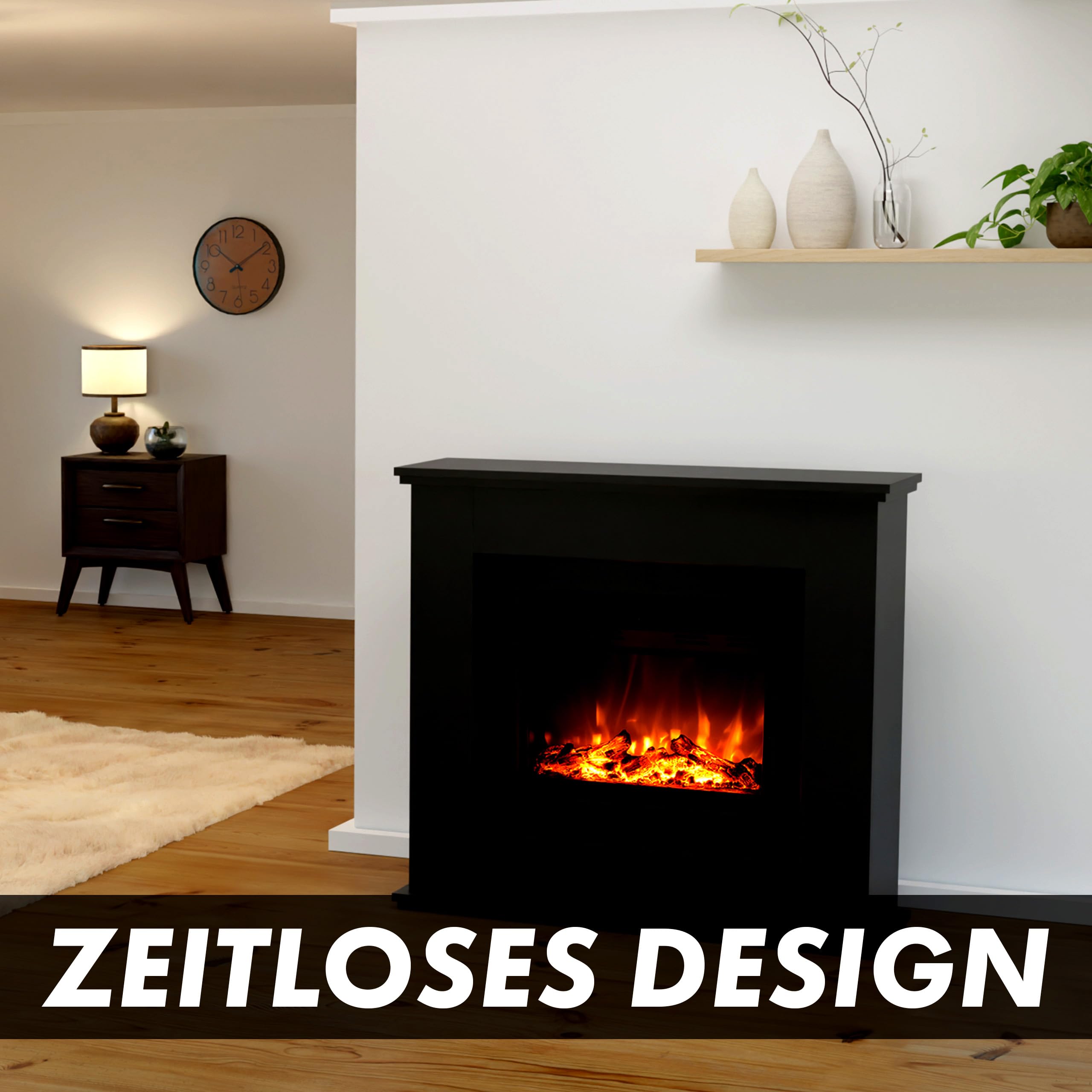 GF CORE Elektrokamin mit Heizung und Kaminfeuer (Standkamin Europa) - elektrischer Kamin mit LED-Feuer in 3 Farben, Heizlüfter, Holz-Deko & Fernbedienung, 111x101x33 cm, Schwarz