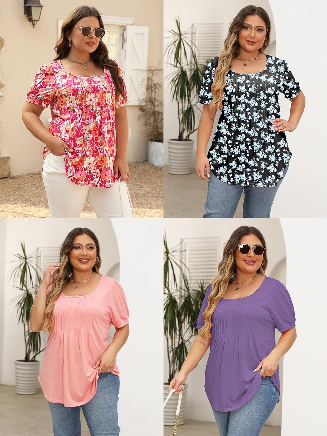 ROSRISS Womens Plus-Size Tops Summer Puff Short Sleeve Scoop Neck Pleated Flowy Shirts - Image 4