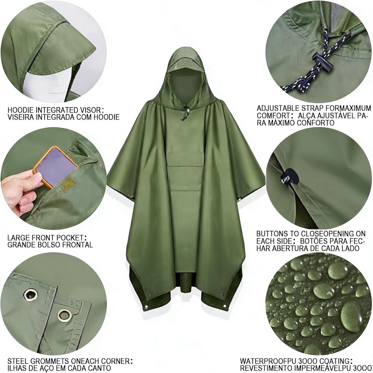 Capa de Chuva com Capuz, Capa de Chuva Multifuncional Unissex Dobrável 3 em 1, Leve para Caminhadas, Camping e Atividades ao ar Livre