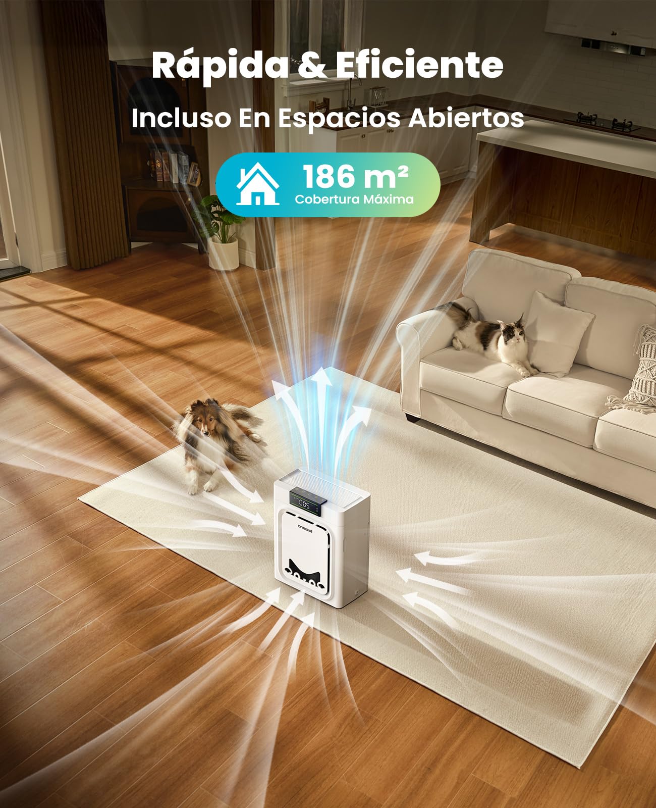 oneisall Purificador De Aire Para Mascotas, Filtros HEPA Lavables Por Ambos Lados, Para Habitaciones Grandes Hasta 204 m², Elimina Pelos, Olores, Alérgenos, Caspa, Humo & Polvo, PP02