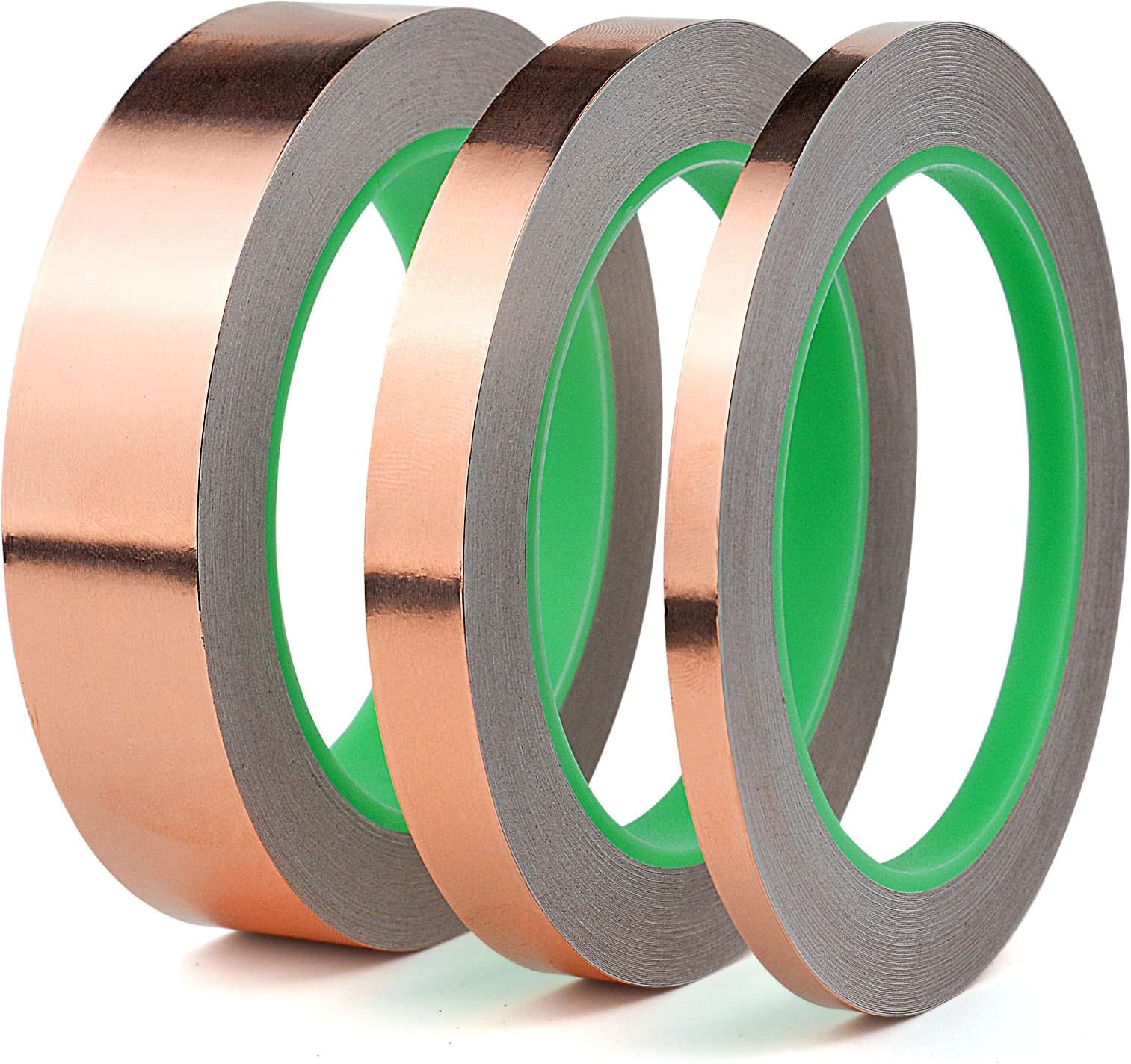 Copper Foil Tape 3 Pack (1.97mil x 1inch 1/2inch 1/4inch x 66ft) with Conductive Adhesive for Electrical Repairs, Guitar, Stained Glass, Paper Circuits