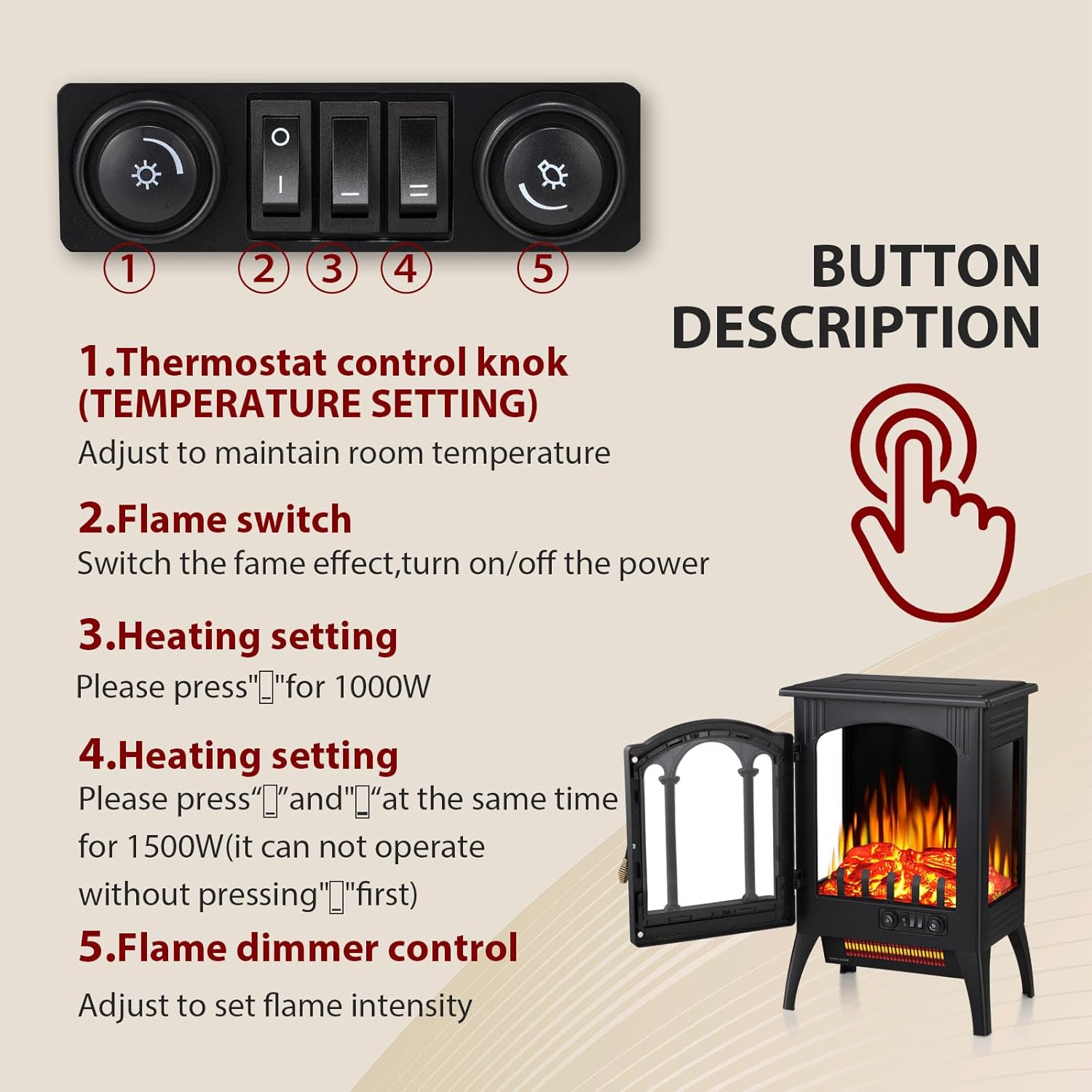 Xbeauty Electric Fireplace Stove with dimensions, showing its compact size in a living room setting.