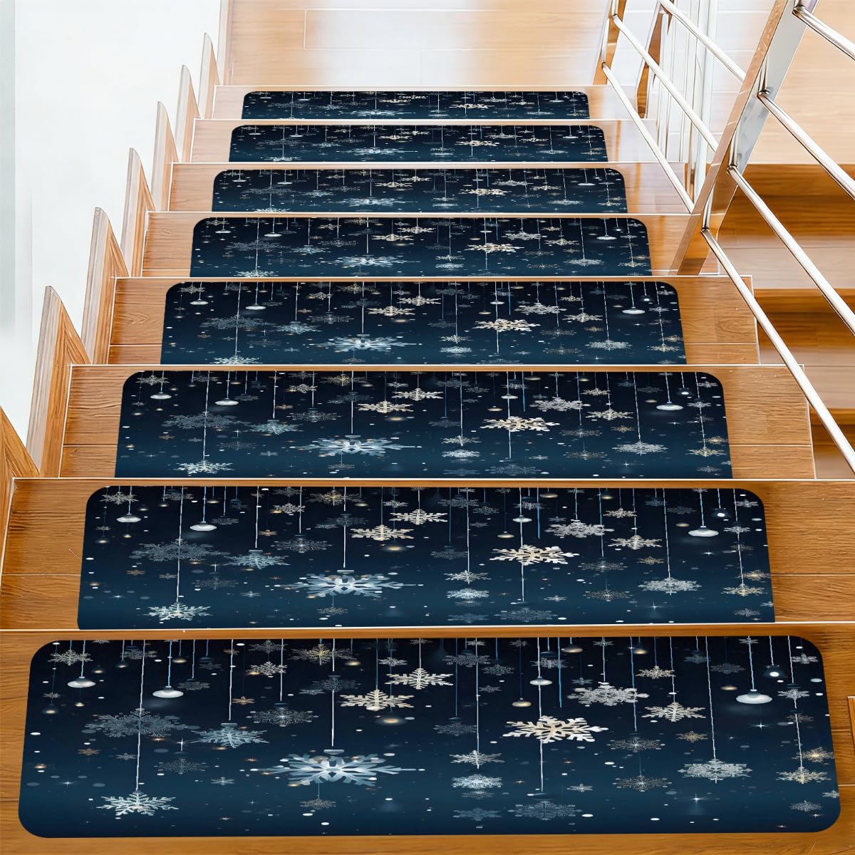 Alfombras para escaleras con diseño navideño de copos, pack de 15 alfombrillas autoadhesivas