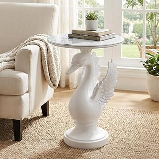 White Swan Side Table with Faux Marble Top - Unique Animal Accent End Table for Living Room, Bedroom, Nursery - Elegant Round Statue Nightstand & Whimsical Home Decor Gift (White)