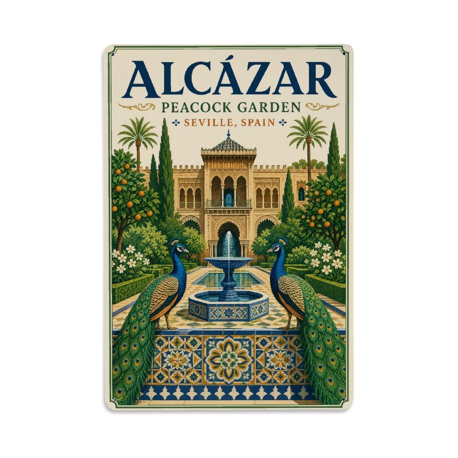 Yrnq 08X12inch Vintage Style Vintage Alcazar Peacock Garden Fountain Tiles Spain Metal Tin Sign