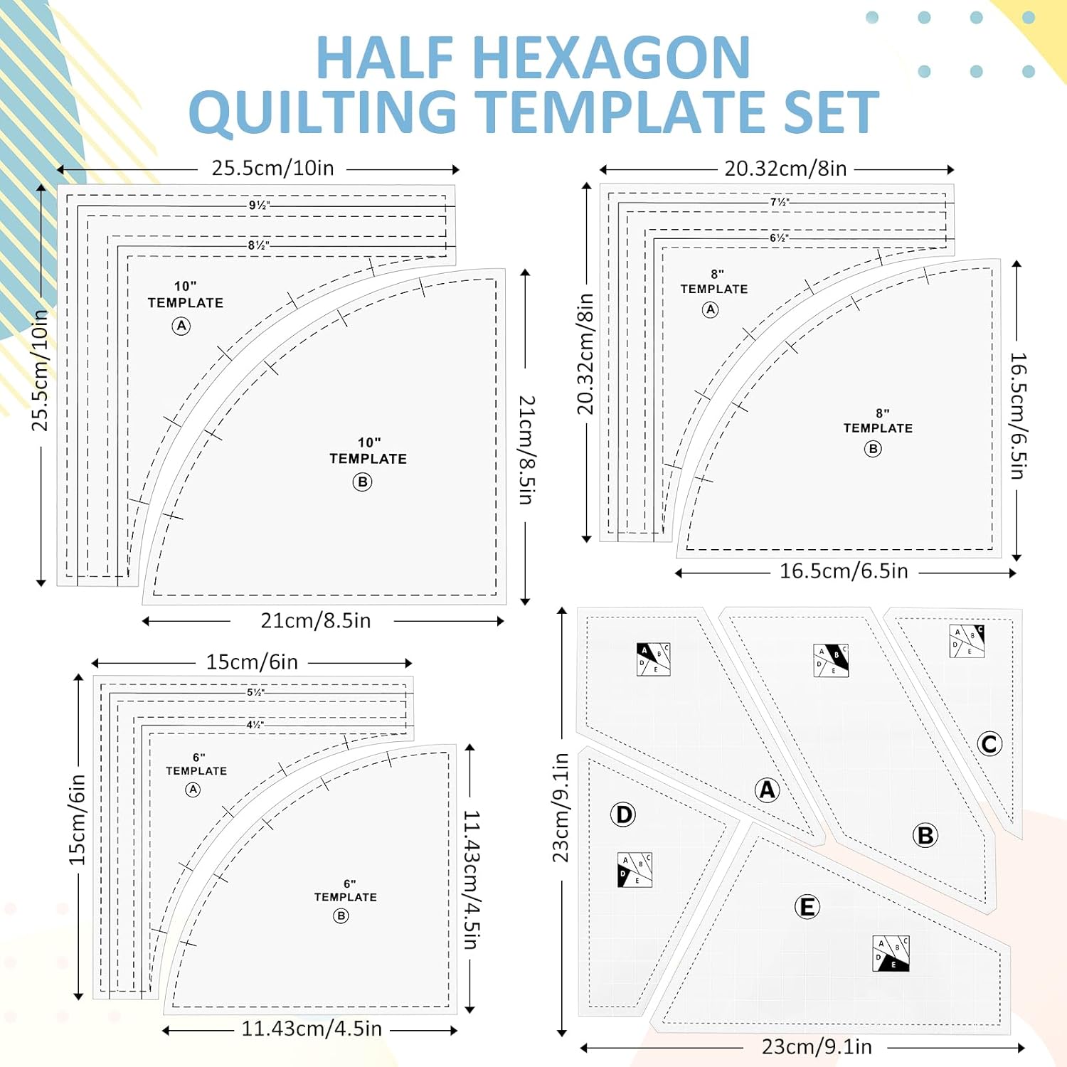 HOMIEE 11PCS Quilting Rulers Templates, 3 Set Drunkards Path Quilting Templates with 1/4" Seam Allowance Supplies (Clear,10, 8, 6 inch), 5PCS Quilt Templates Acrylic for Cutting Patterns 9 x 9 Inch