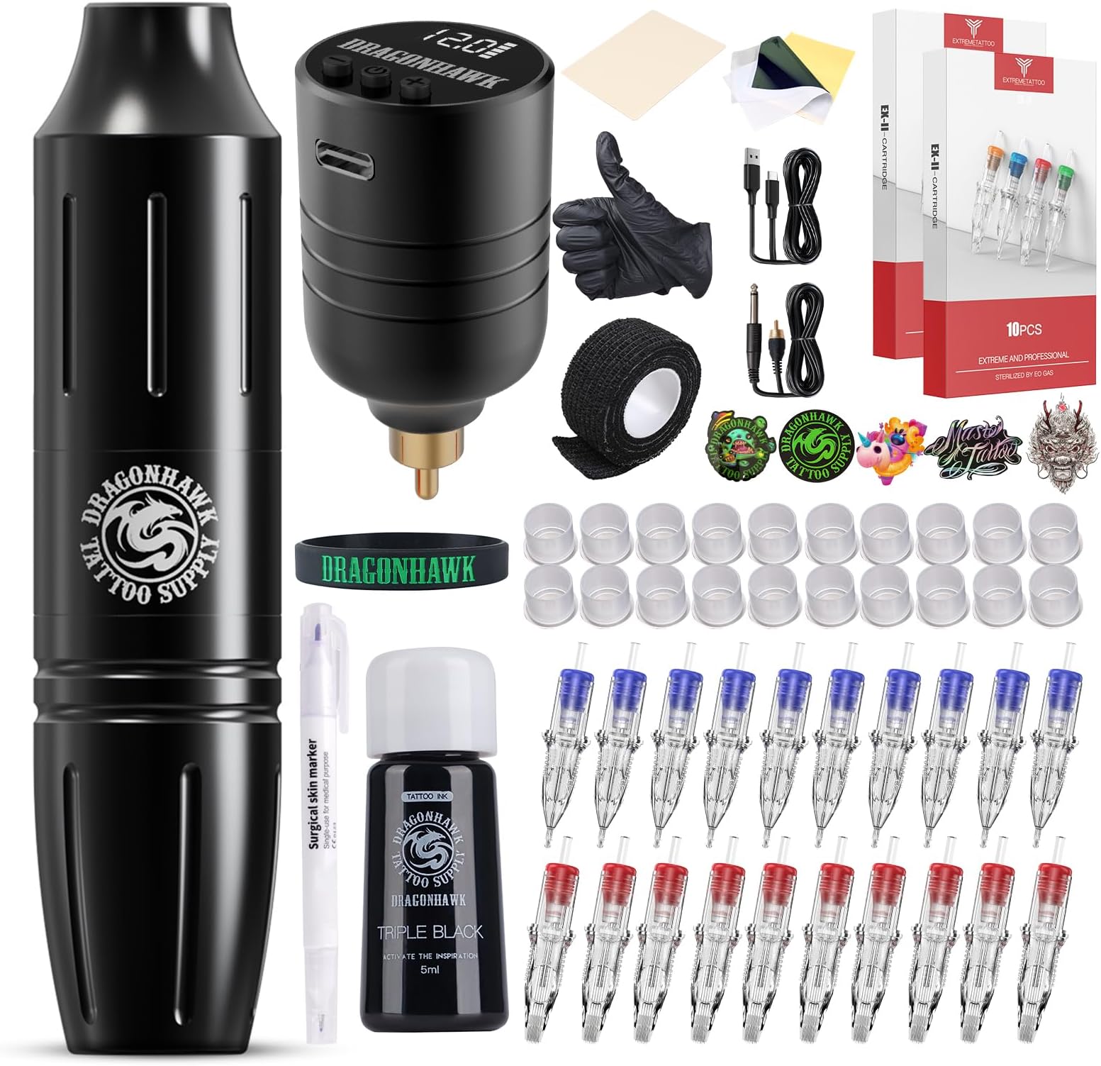 Dragonhawk Wireless Tattoo Pen Kit - Rotary Tattoo Gun Machine with 1300mAh Battery, 20Pcs Cartridge Needles, Complete Tattoo Kit for Beginners