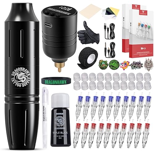 Dragonhawk Wireless Tattoo Pen Kit - Rotary Tattoo Gun Machine with 1300mAh Battery, 20Pcs Cartridge Needles, Complete Tattoo Kit for Beginners