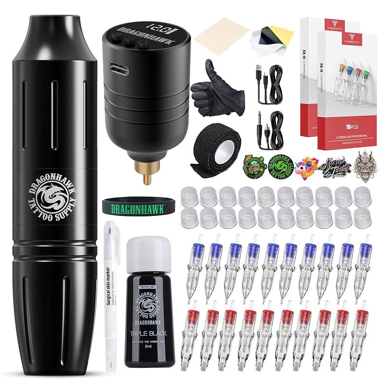 Kit para Tatuagem com Caneta sem Fio Dragonhawk, Preta