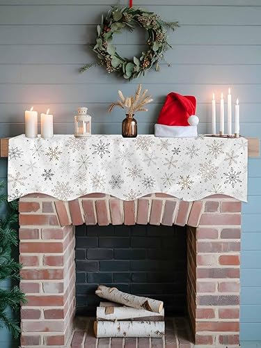 Miniatura 5 de Bufanda de Navidad de 70 x 17 pulgadas, decoración de copo de nieve, bufanda de chimenea de Navidad, cubierta de mantel para Navidad, vacaciones,