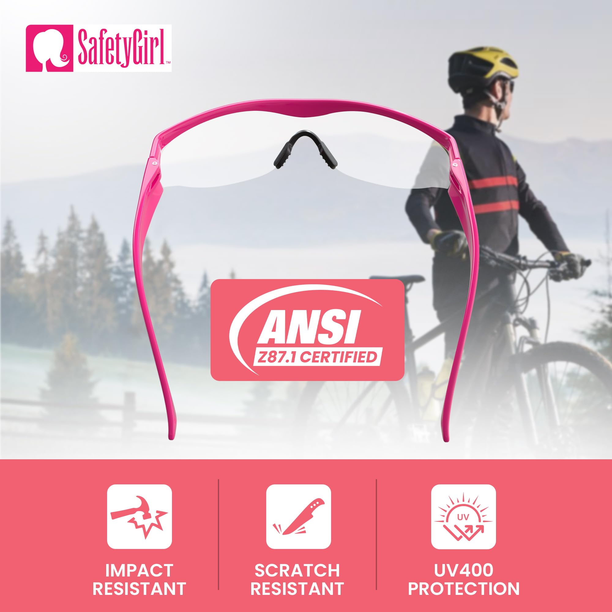 Safety Girl Okulary ochronne Navigator, okulary ochronne dla kobiet, okulary ochronne z nawigatorem, szkło odporne na zarysowania, 3 pary, różowe oprawki, przezroczyste soczewki