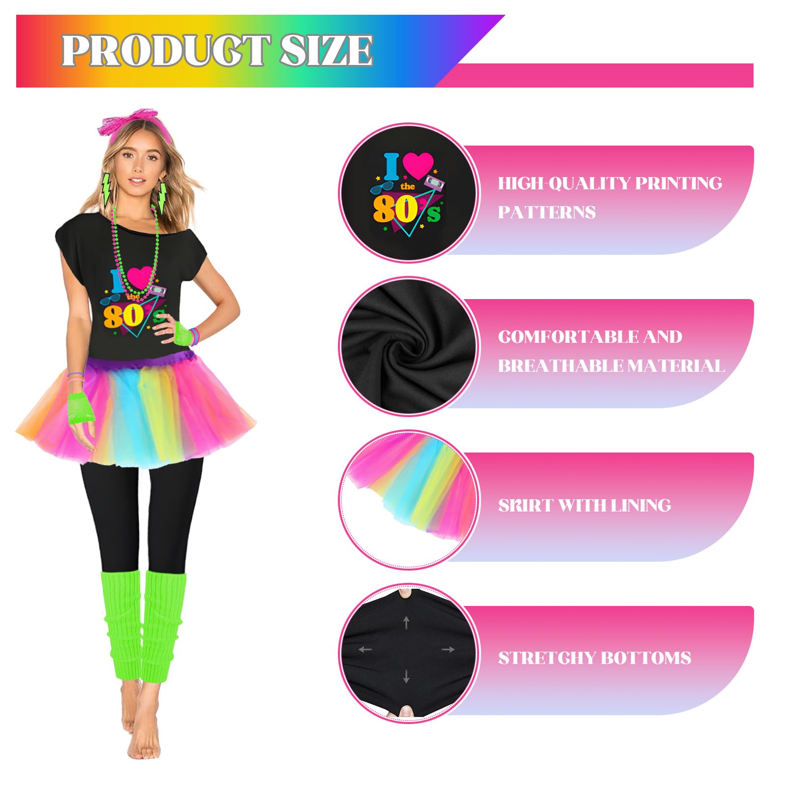 80s Fancy Dress for Women 1980s Costumes, 80s Print T-shirt, Tutu Skirt, Leg Warmers, Necklace, Fishnet Gloves, Earrings - Image 4