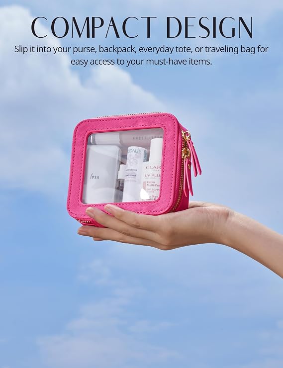 Popvibe Clear Makeup Bag Toiletry Case Travel Transparent Cosmetic Bag with Zipper, Portable Make Up Organizer Traveling Compact Car Bag for Essentials, Hot Pink, Mini, Clear Leather Cosmetic Case