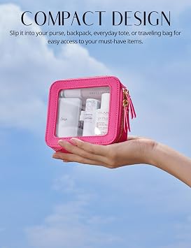 Popvibe Clear Makeup Bag Toiletry Case Travel Transparent Cosmetic Bag with Zipper, Portable Make Up Organizer Traveling Compact Car Bag for Essentials, Hot Pink, Mini, Clear Leather Cosmetic Case
