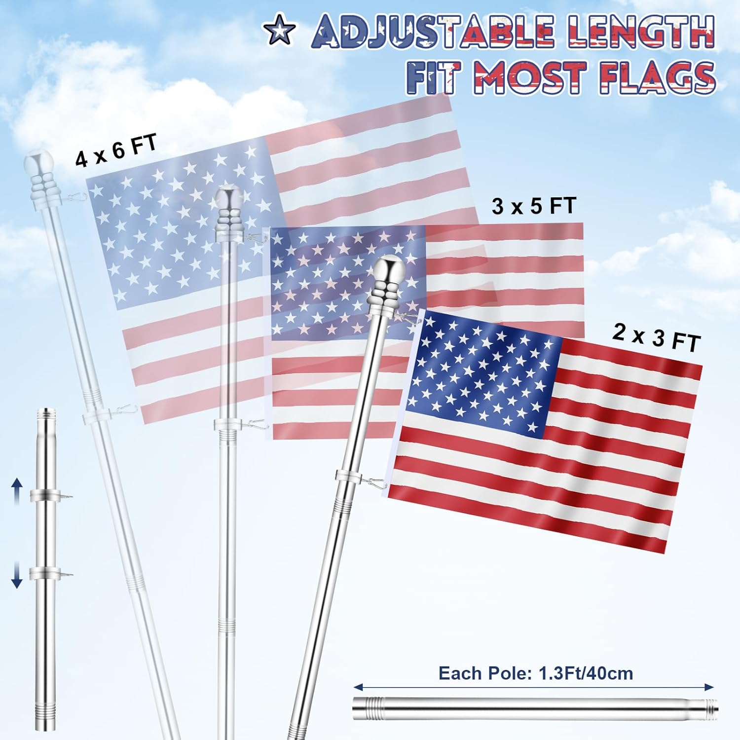 REERON House Flag Pole Kit, 5 FT Metal Spinning Flag Poles Kit, 1" Tangle Free Stainless Steel Flagpole with 360° Flagpole Rings & 2-Position Bracket for Outside House Porch Wall Mount for 3x5 Flag - Image 4